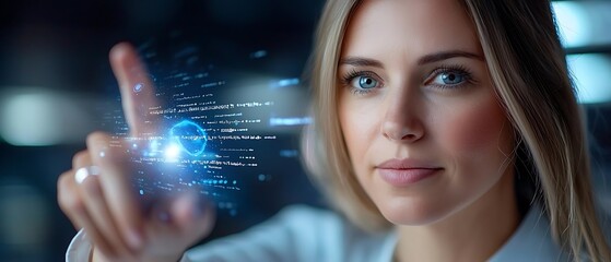 Futuristic young woman interacting with holographic digital interface  She is using her hand to manipulate the futuristic high tech display