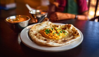 Fluffy Butter Garlic Naan Served with Creamy Paneer Butter Masala, Captured in a Bright and Lively Indian Restaurant with Bold Colors and Rich Spices