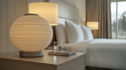 A close-up of a bedside table with a lamp, a glass of water, and a book in a hotel room.