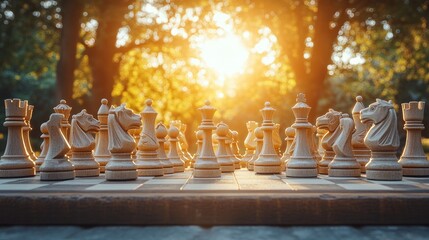 A chessboard with white pieces set up on a green lawn with a sunburst in the background.
