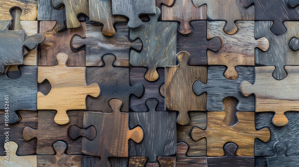Poster a collage of puzzle pieces in varied shapes and textures fitting together seamlessly, representing t