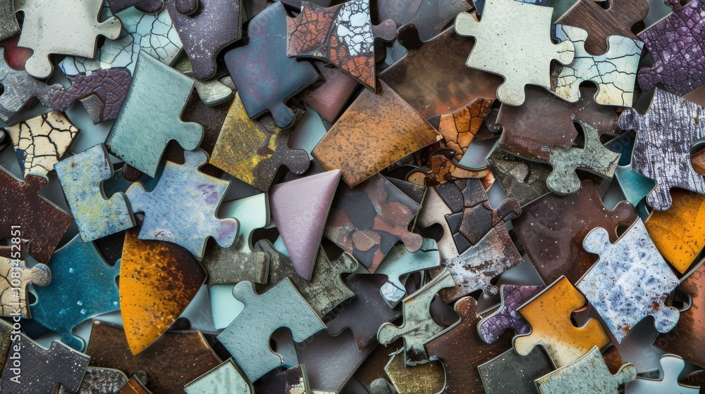 Poster a collage of puzzle pieces in varied shapes and textures fitting together, representing the collecti