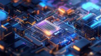 Futuristic circuit board with glowing components and intricate patterns, showcasing advanced technology and digital connections