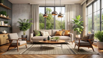 Modern Minimalist Furniture Interior Design: A Cozy and Stylish Living Space with Natural Light and Unique Decor Elements for Home and Office Inspiration