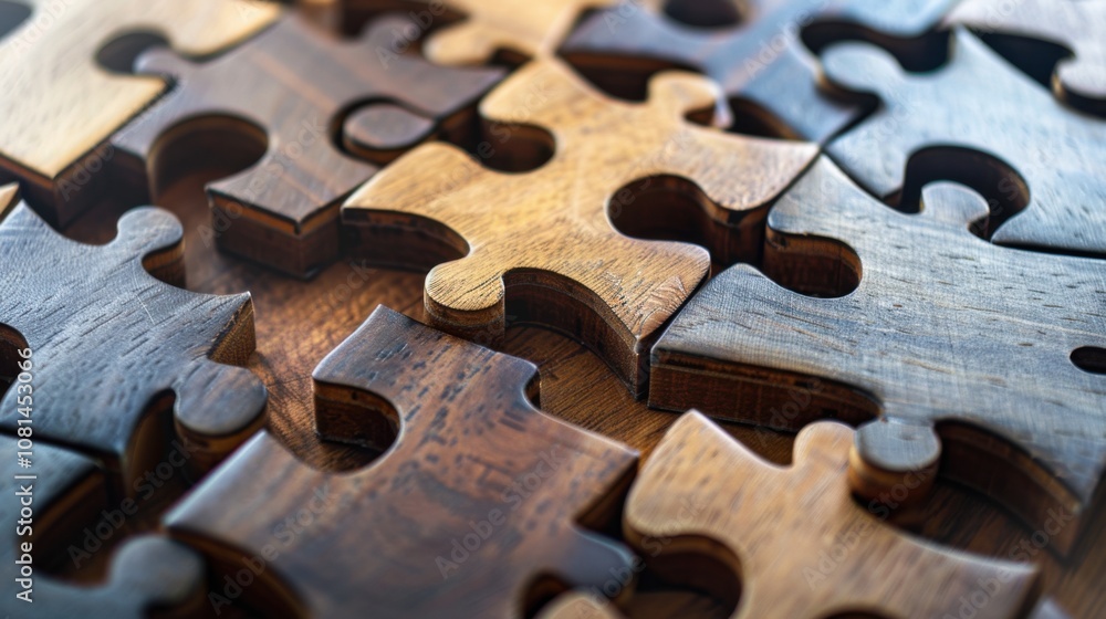 Poster A collection of differently shaped puzzle pieces fitting into a unified whole, Symbolizing the strength of diversity in problem-solving, photography style