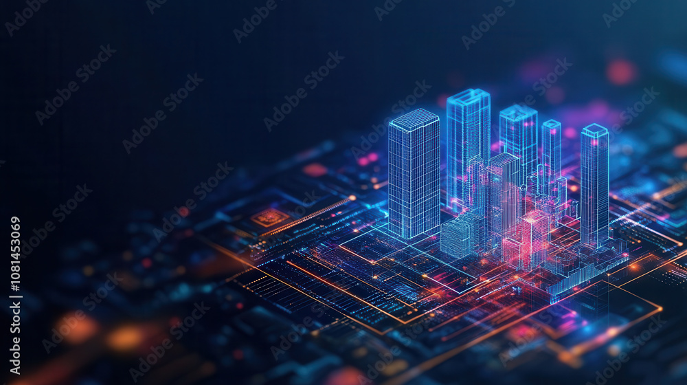 Poster digital cityscape with glowing skyscrapers and circuit patterns