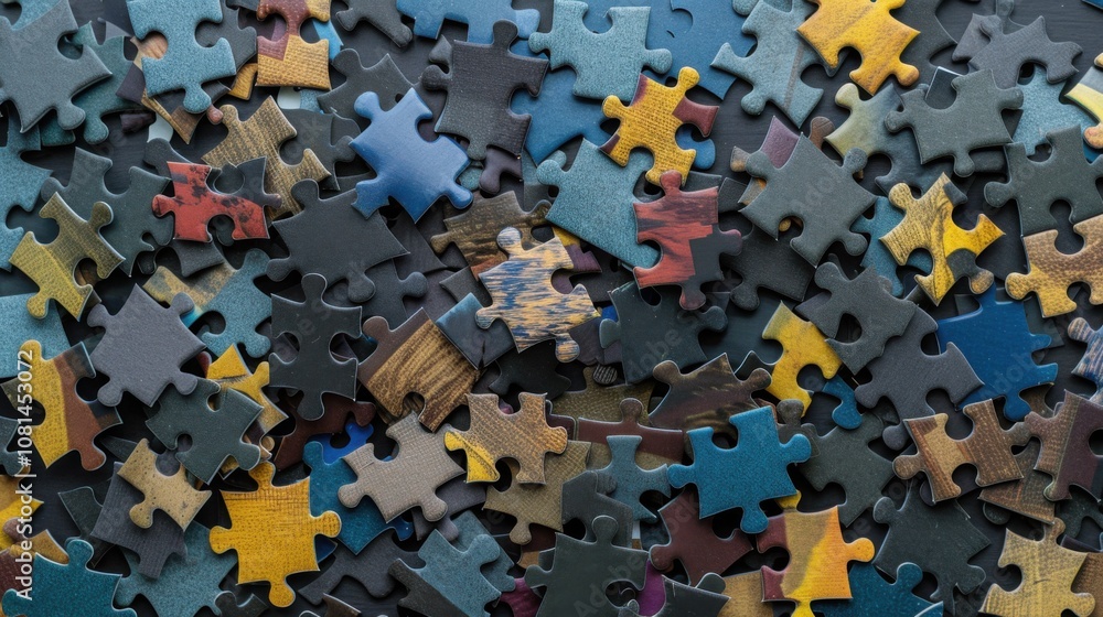 Poster A collection of differently shaped puzzle pieces fitting into a unified whole, Symbolizing the strength of diversity in problem-solving, photography style