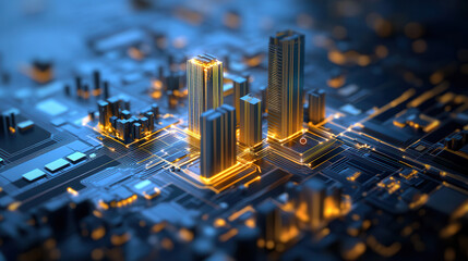 Futuristic cityscape with glowing skyscrapers and circuit patterns, showcasing technology and innovation
