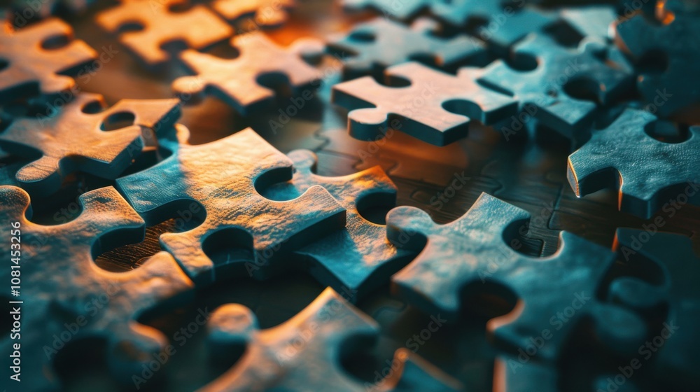 Poster a collection of differently shaped puzzle pieces fitting together seamlessly, symbolizing the unity 