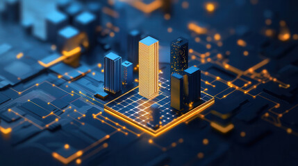 Futuristic cityscape with glowing skyscrapers and digital circuits, showcasing urban development and technology integration
