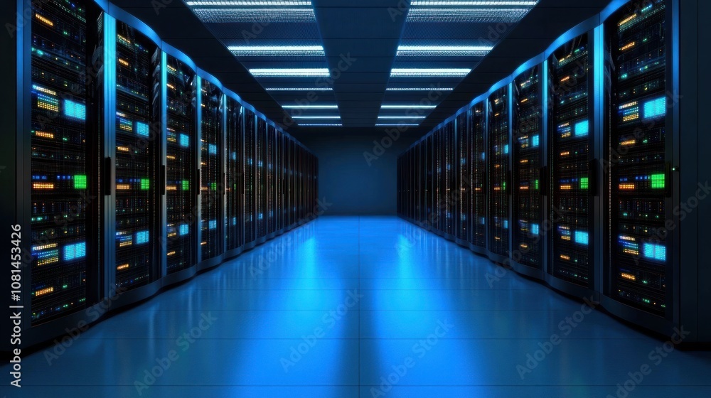 Poster a server room with rows of data storage units and blue lighting.