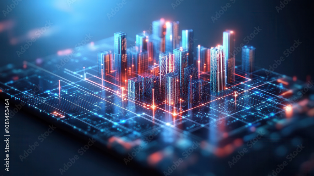 Poster digital cityscape with glowing skyscrapers and circuit patterns