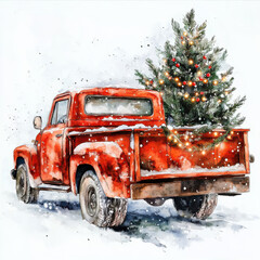 vintage red truck carrying Christmas tree, surrounded by snow, evokes festive winter spirit. Perfect for holiday themes