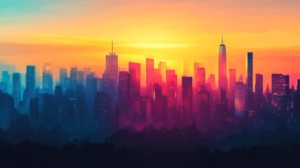 Fototapeta premium Urban skyline silhouette at sunset with pure color background, featuring high-rise buildings and skyscrapers against a vibrant sky, symbolizing modern city life and architecture.