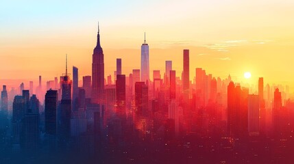 Obraz premium Urban skyline silhouette at sunset with pure color background, featuring high-rise buildings and skyscrapers against a vibrant sky, symbolizing modern city life and architecture.