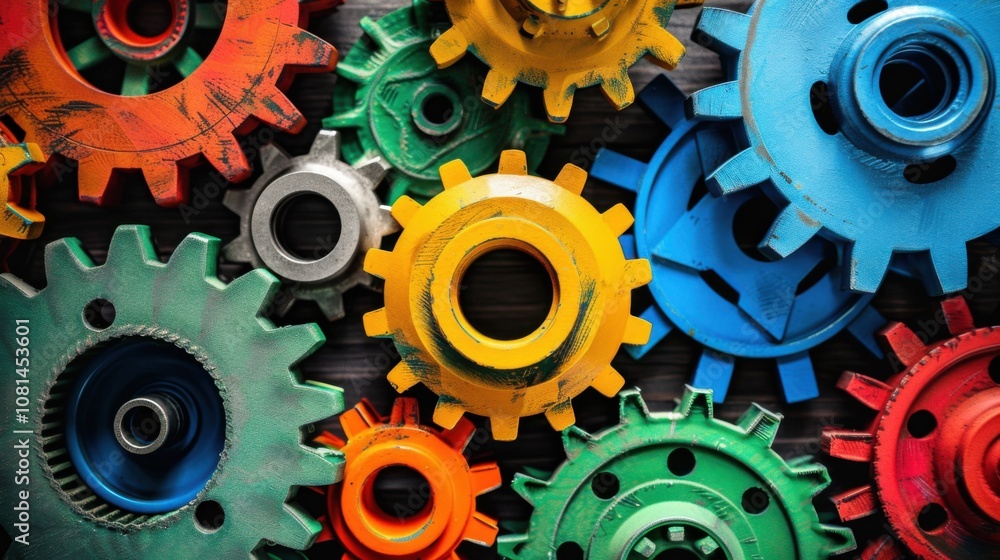 Poster a collection of gears in different colors and sizes working together smoothly, depicting the collabo