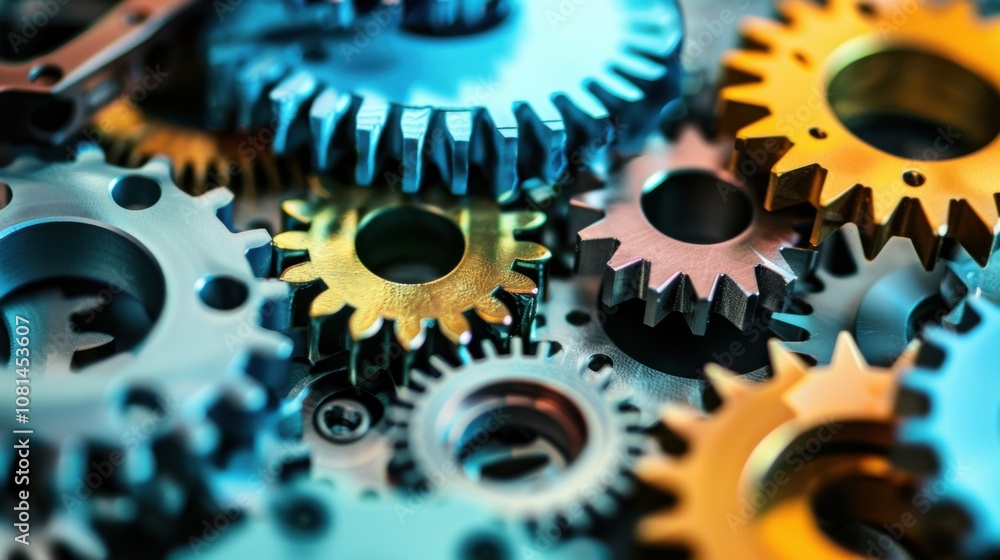 Poster a collection of gears in different colors and sizes working together smoothly, depicting the collabo
