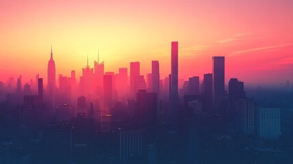 Fototapeta premium Urban skyline silhouette at sunset with pure color background, featuring high-rise buildings and skyscrapers against a vibrant sky, symbolizing modern city life and architecture.