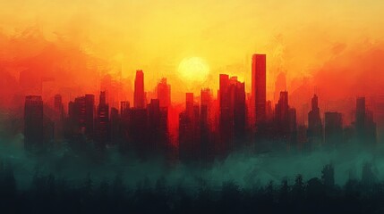 Fototapeta premium Urban skyline silhouette at sunset with pure color background, featuring high-rise buildings and skyscrapers against a vibrant sky, symbolizing modern city life and architecture.