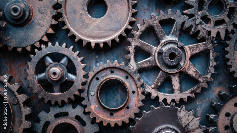 Poster a collection of gears in different shapes and sizes working together smoothly, depicting the collabo