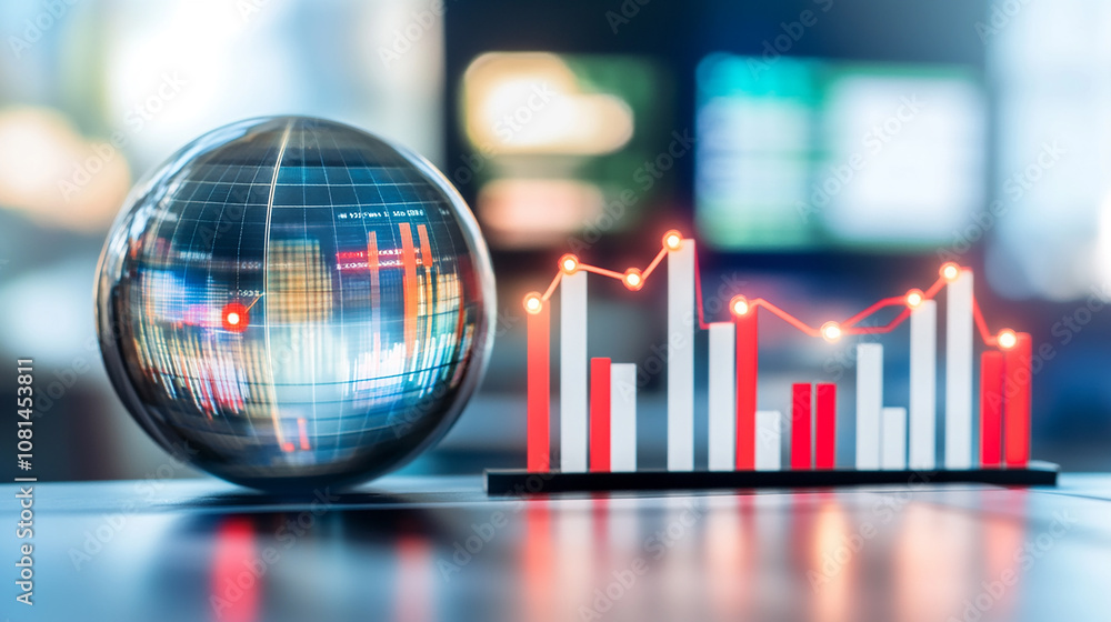 Poster a crystal ball with a reflection of a financial chart sits next to a bar graph with a rising line ch