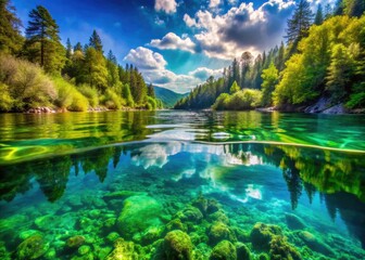 Obraz premium Serene Lake Landscape with Underwater Ecosystem and Abstract Fresh Water Diving Scenery for Text Overlay and Design