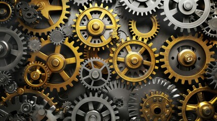 A collection of gears in different sizes and shapes working together smoothly, Depicting the collaborative effort and efficiency of diverse teams, photography style