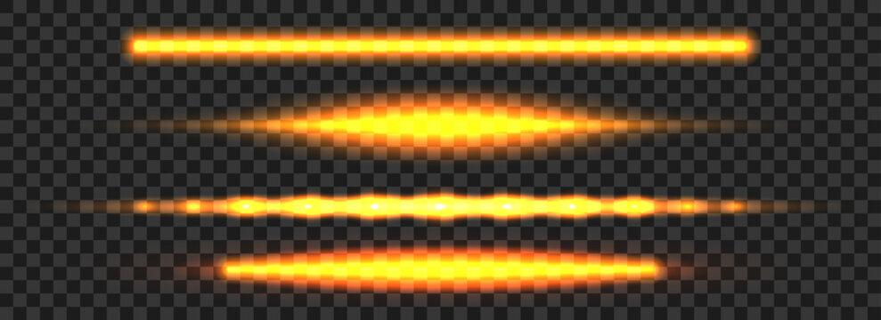 Glowing golden neon tube lamp set. Led light line beam collection. Bright luminous fluorescent bar stick lines. Shining warm color strip element pack to divide, separate, decorate. Vector illustration