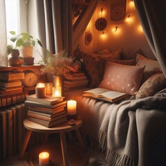 Cozy reading nook with a stack of books, a warm blanket, and soft lighting
