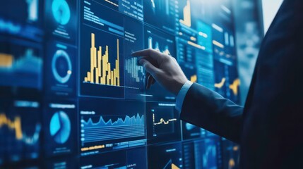 With the flag of Aland Islands in the background, a businessman is touching a data analytics process system with KPI financial charts and dashboards of stock and marketing