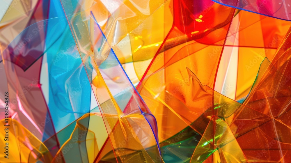 Poster A collection of overlapping transparent shapes in different hues, representing the vibrant and layered complexity of cultural diversity, photography style