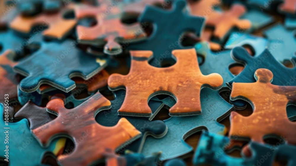 Poster A collection of puzzle pieces in varied shapes and sizes fitting together seamlessly, Illustrating the strength of inclusivity in solving complex challenges, photography style