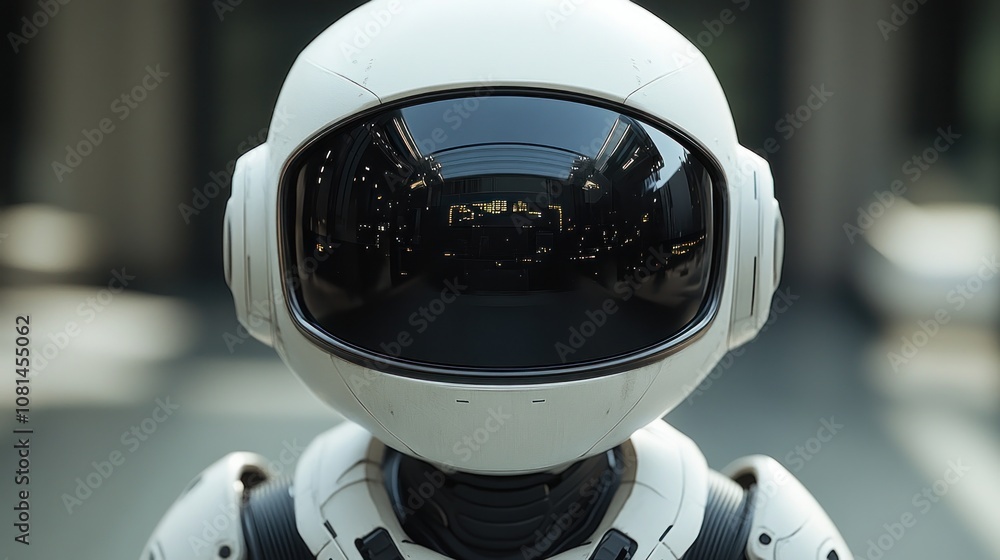 Poster a futuristic robot with a reflective visor in an urban setting.