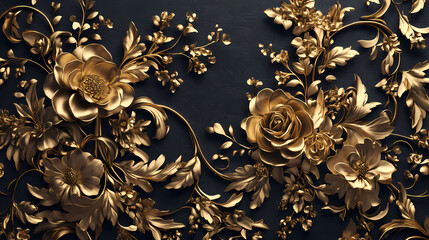 Golden baroque floral design wallpaper - 3d ornate pattern with gold leaves and flowers on dark background. Baroque. Illustration