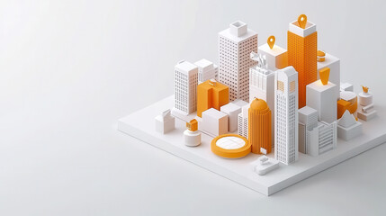 Minimalistic 3D isometric cityscape featuring white and orange buildings, showcasing urban design elements and modern architecture. vibrant and clean aesthetic