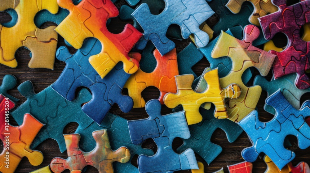 Poster a collection of puzzle pieces in various colors and sizes fitting together seamlessly, symbolizing t