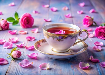 Fototapeta premium Vintage Ceramic Teacup with Rose Petal Tea on Lavender Backdrop - Elegant Tea Time Decor and Floral Aesthetic