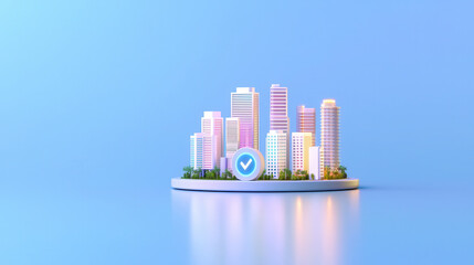 Fototapeta premium Isometric 3D cityscape with smart energy grid icon, showcasing modern architecture and greenery. This vibrant scene represents urban development and sustainability