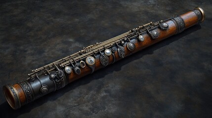 Naklejka premium A close-up of a wooden flute with intricate metal embellishments.
