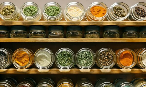 A neatly organized spice rack with various jars filled with colorful spices and herbs.