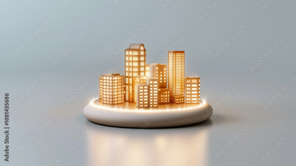 Poster minimalistic 3d city view with illuminated skyscrapers and small buildings, creating warm and inviti
