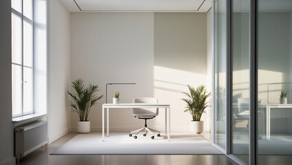 Fototapeta premium AI generative. 3d render of minimal clean home office design with white ambience. 2