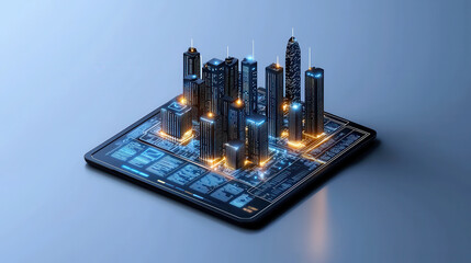Vibrant isometric cityscape with smart grid icon on tablet, showcasing futuristic urban environment. glowing buildings represent advanced technology and innovation
