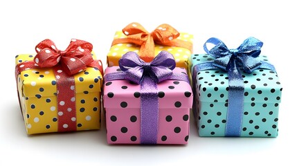 3D cartoon gift boxes with vibrant wrapping paper on white background