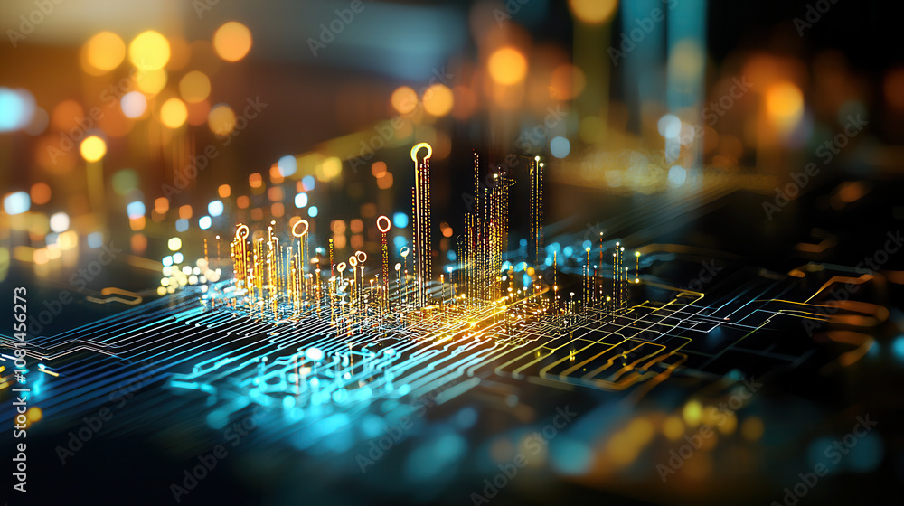 Poster vibrant digital landscape featuring glowing circuit patterns and data visualizations, showcasing tec