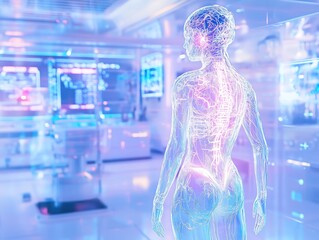 Futuristic Woman with Translucent Holographic Body in Sci-Fi Setting