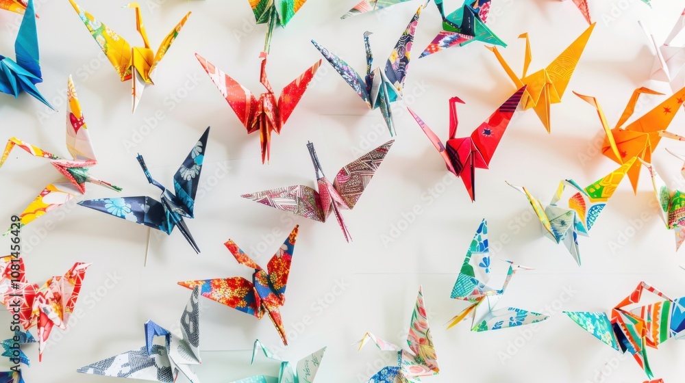 Poster A colorful array of origami cranes in various patterns and colors perched on a minimalist white table, Symbolizing the delicate and intricate beauty of diverse contributions coming together