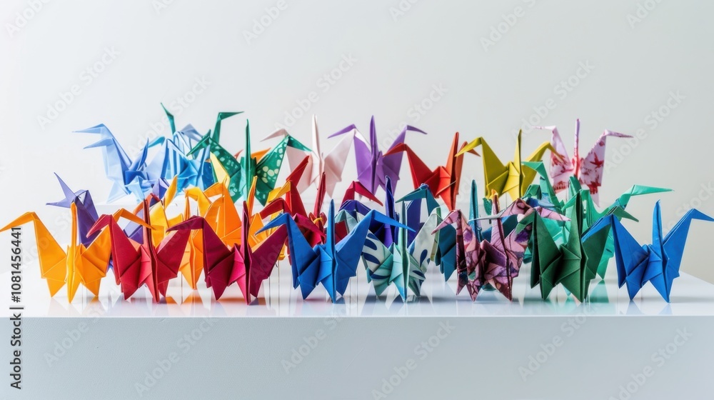 Poster A colorful array of origami cranes in various patterns and colors perched on a minimalist white table, Symbolizing the delicate and intricate beauty of diverse contributions coming together