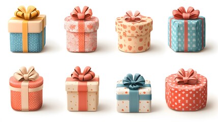 Cartoon style 3D gift boxes with various ribbons and wrapping, isolated on white background