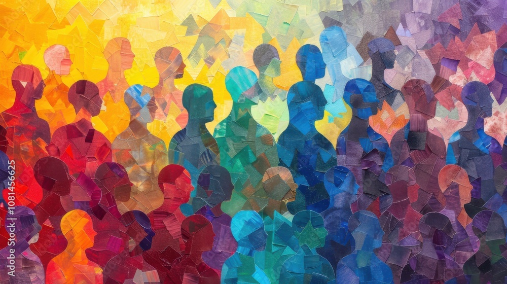 Poster a colorful mosaic of diverse human silhouettes blending into a vibrant abstract background, represen